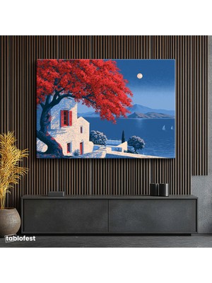 Tablofest Yatay Kanvas Tablo Akdeniz Evi Sahil Manzara Tablosu Ev Ofis Duvar Dekoru