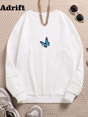 Tarzsokak Kelebek Renkli Oversize Bisiklet Yaka Pamuklu Sweatshirt Beyaz