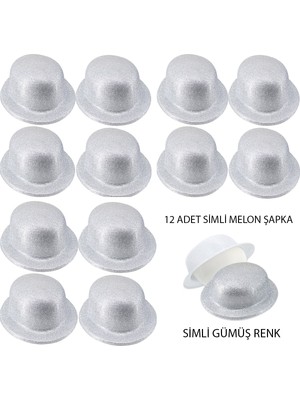 TeknoKapsül Gümüş Renk Simli Melon Yuvarlak Parti Şapkası 12 Adet