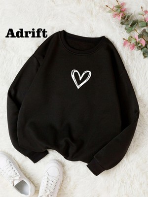 Tarzsokak Adrif Minimal Kalp Renkli Oversize Bisiklet Yaka Pamuklu Sweatshirt Siyah