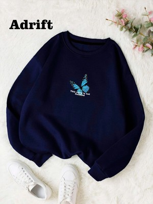 Tarzsokak Kelebek Renkli Oversize Bisiklet Yaka Pamuklu Sweatshirt Lacivert