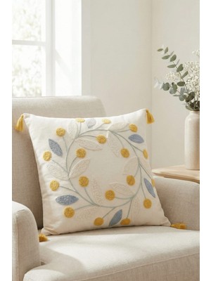 Buldan Natura Papatya Çiçek ve Yaprak Motifli Punch Nakışlı Pamuk Dokuma Kırlent Kılıfı 42×42 cm