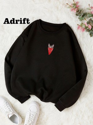 Tarzsokak Adrif Maskeli Kedi Renkli Oversize Bisiklet Yaka Pamuklu Sweatshirt Siyah