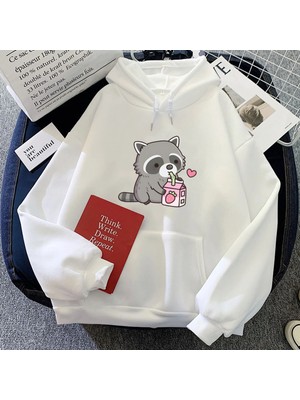 Tarzsokak Beyaz Komik Pelican ve Capybara Hoodie Kawaii Ilkbaharsonbahar Unisex Moda Kı