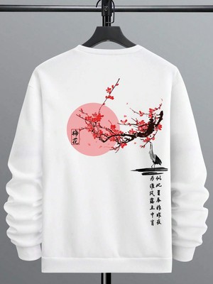 Tarzsokak Floral & Japanese Letter Graphic Sweatshirt Beyaz