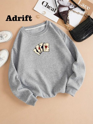 Tarzsokak Iskambil Renkli Oversize Bisiklet Yaka Pamuklu Sweatshirt Gri