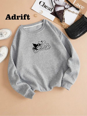 Tarzsokak Kuromi Renkli Oversize Bisiklet Yaka Pamuklu Sweatshirt Gri