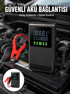 Azrlya 12.000 Mah Şarjlı Araç Akü Takviye ve Işıklı Hava Kompresörü Yeni Nesil