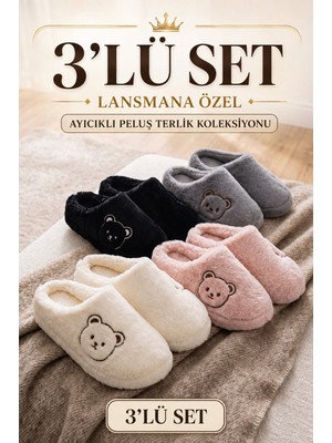 Stwenn 3’lü Avantajlı Paket Kışlık Peluş Ayıcık Desenli Sessiz Ortopedik Taban Çeyiz Misafir Ev Terliği Set