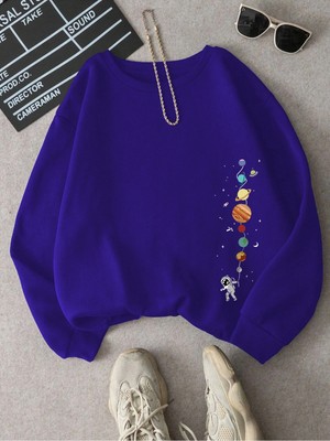 Tarzsokak Astronot ve Gezegen Baskılı Üç Iplik Ünisex Oversize Sweatshirt Saks