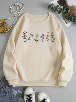 Tarzsokak Çiçek Desenli Termal Astarlı Sweat Bej