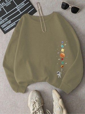 Tarzsokak Astronot ve Gezegen Baskılı Üç Iplik Ünisex Oversize Sweatshirt Bej