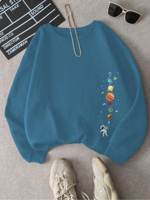 Tarzsokak Astronot ve Gezegen Baskılı Üç Iplik Ünisex Oversize Sweatshirt Bebe Mavi