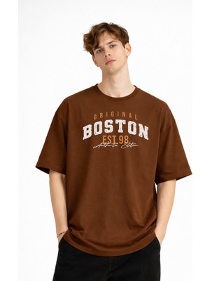 Shopwave Boston - Baskılı Oversize Tişört Kahve