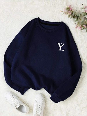Tarzsokak Yl Özel Baskılı Renkli Oversize Bisiklet Yaka Pamuklu Sweatshirt Lacivert