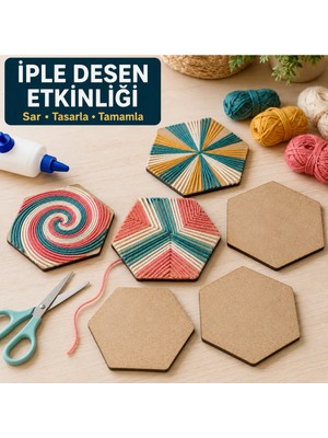 Arlia Design Arliadesign Çukurova Ahşap Lazer Kendin Yap 6’lı Altıgen Bardak Altlığı Seti Standlı 10X10 cm Ham Mdf