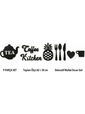 Arlia Design Arliadesign 9 Parça Dekoratif Mutfak Duvar Süsü 60 × 30 cm Siyah Mdf Coffee Kitchen Çaydanlık Çatal Kaşık Seti