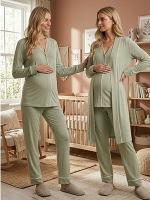 Lohussa Yeni Sezon Yeşil Biye Tasarım Uzun Kol Full Düğme %100 Pamuk Hamile Lohusa Sabahlık Pijama Takım Set