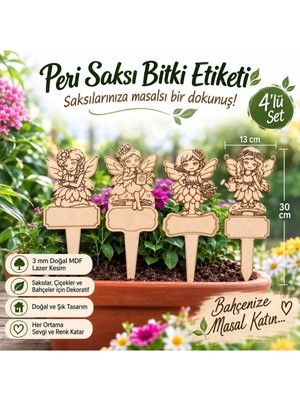 Arlia Design Arliadesign 4’lü Peri Figürlü Ahşap Saksı Bitki Etiketi 13X30 cm – 3 mm Mdf Bahçe ve Çiçek Süsü