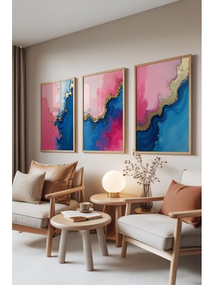 1001 Ahşap Çerçeveli 3’lü Tablo Seti Mavi ve Pembe Akışkan Renk Desenleri Yatak Odası Set 30018,
