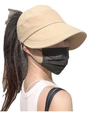 1001 Geniş Vizör Güneş Koruyucu Kadın Şapka Maske Takma Düğmeli Tenis Spor Şapka Krem