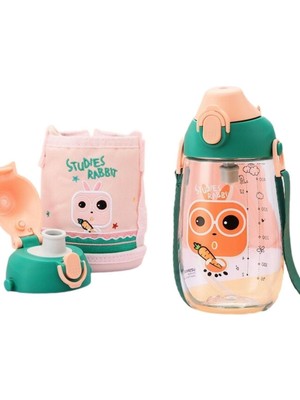 1001 Küçük Boy 480ML Kılıflı Askılı Pipetli/pipetsiz Iki Ayrı Kapaklı Tritan Çocuk Matarası 6