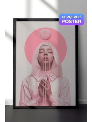 1001 Siyah Çerçeveli Duvar Tablosu Pembe Tonlarda Dua Eden Kadın Minimal Sanat Salon Dekoru, 50 x 70