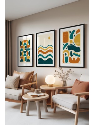 1001 Siyah Çerçeveli 3’lü Tablo Seti Geometrik Dalgalar – Retro Tonlar Salon Set 30090, 15 x 21