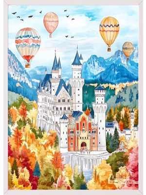 1001 Beyaz Çerçeveli Tablo Şato ve Balonlar - Masalsı Manzara Genç Odası Dekoru Poster 105976, 21 x