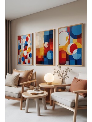 1001 Ahşap Çerçeveli 3’lü Tablo Seti Renkli Daireler ve Soyut Bloklar Modern Ev Set 30017, 15 x 21
