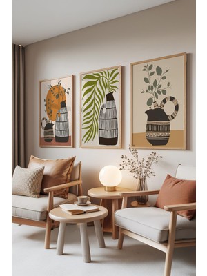 1001 Ahşap Çerçeveli 3’lü Tablo Seti Vazo ve Yaprak – Boho Tarz Oturma Odası Set 30065, 30 x 40