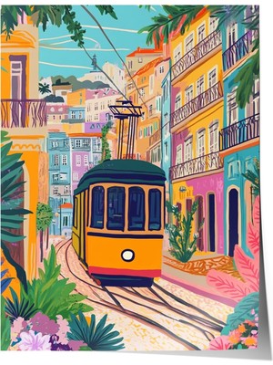 1001 Çerçevesiz Poster Sarı Tramvay Sokakları - Şehir Manzarası Ofis Dekoru Poster 105992, 70 x 100