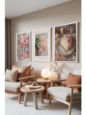 1001 Beyaz Çerçeveli 3’lü Tablo Seti Pembe Lale ve Vazo Görseli Yatak Odası Set 30054, 21 x 30