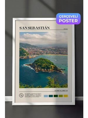 1001 Beyaz Çerçeveli Duvar Tablosu San Sebastian Körfezi ve Ada Manzarası Ispanya Salon Dekoru, 21 x