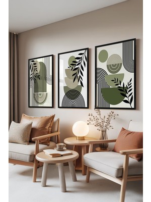 1001 Siyah Çerçeveli 3’lü Tablo Seti Yeşil Minimal Yaprak Formları Salon Set 30059, 30 x 40