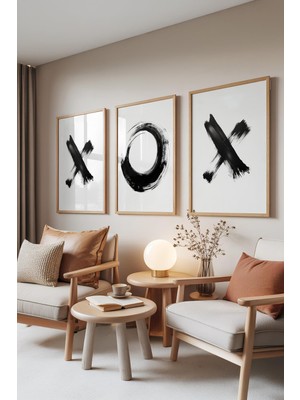 1001 Ahşap Çerçeveli 3’lü Tablo Seti Siyah Fırça Desenleri – Minimal Tarz Ofis Set 30014, 21 x