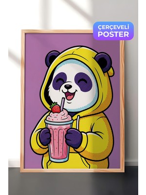 1001 Ahşap Çerçeveli Duvar Tablosu Sarı Kapüşonlu Panda Çilekli Milkshake Neşesi Çocuk Odası De