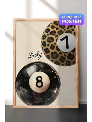 1001 Ahşap Çerçeveli Duvar Tablosu Lucky Yazılı Leopar Desenli Bilardo Topu Sulu Boya Salon Dekoru,