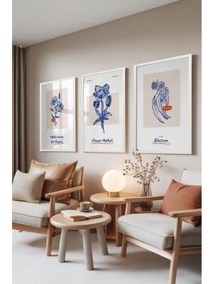 1001 Beyaz Çerçeveli 3’lü Tablo Seti Flower Market Koleksiyonu – Çiçek ve Yaprak Salon Set 30044