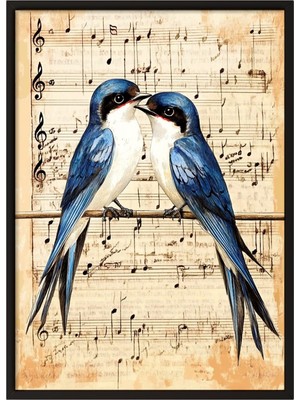 1001 Siyah Çerçeveli Tablo Notalar Üstünde Iki Kuş – Romantik Müzik Salon Dekoru Poster 106399,