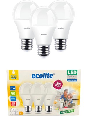 1001 Ecolite 12W LED Ampul 3'lü Paket – 1521 Lümen, 100W Eşdeğer, E27 Duy, 3000K Sarı Işık, Opal