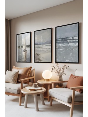 1001 Siyah Çerçeveli 3’lü Tablo Seti Deniz Manzarası – Soft Tonlar Salon Set 30122, 21 x 30