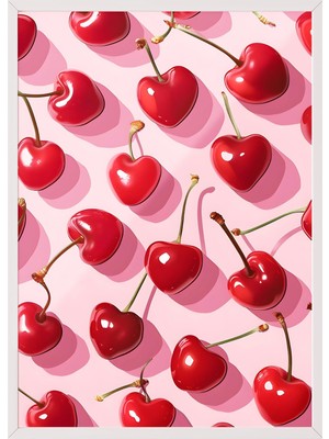 1001 Beyaz Çerçeveli Tablo Parlak Kırmızı Kirazlar – Pop Art Mutfak Dekoru Poster 106187, 70 x 100