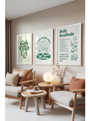 1001 Beyaz Çerçeveli 3’lü Tablo Seti Mindfulness – Yeşil Çizim & Sözler Genç Odası Set 30131,