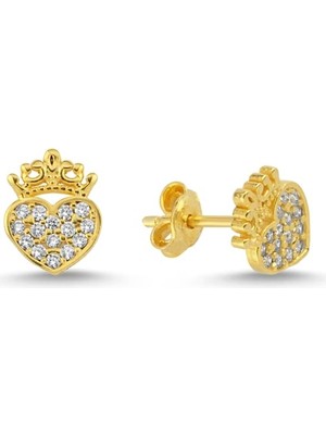 1001 925 Ayar Gümüş Gold Kaplama Minik Kral Tacı Kalp Küpe