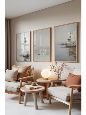 1001 Ahşap Çerçeveli 3’lü Tablo Seti Deniz Feneri – Soft Manzara Salon Set 30132, 10 x 15