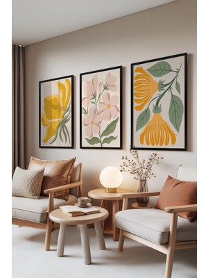 1001 Siyah Çerçeveli 3’lü Tablo Seti Boho Flowers – Pastel Çiçekler Yatak Odası Set 30106, 21 x