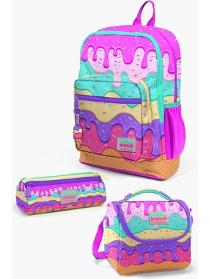 1001 Hayır Kids Pembe Rengarenk Dondurma Desenli 3'lü Okul Çanta Seti