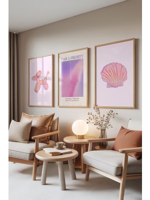 1001 Ahşap Çerçeveli 3’lü Tablo Seti I Am A Priority – Deniz & Pembe Düşler Ofis Set 30073, 30