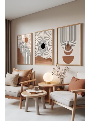 1001 Ahşap Çerçeveli 3’lü Tablo Seti Güneş Işınları Minimal Tarz Salon Set 30057, 50 x 70